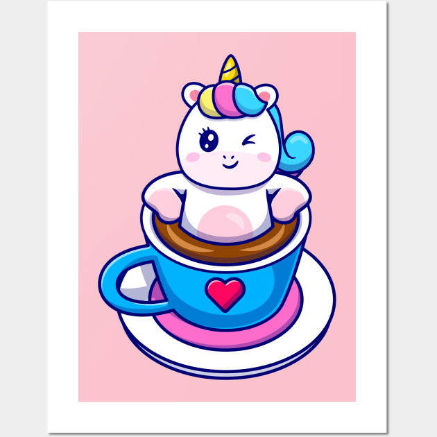 Cute Unicorn Relaxing In Coffee Cup Cartoon Wall Art by Catalyst Labs